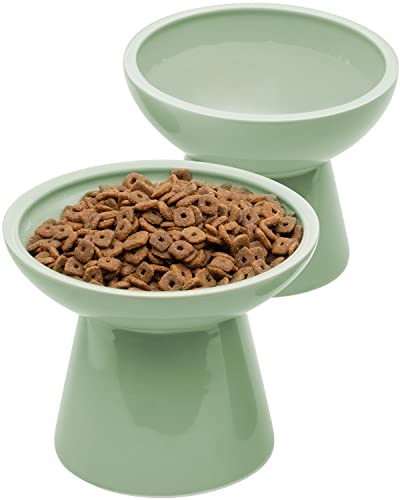 CEEFU 2 Elevated Ceramic Cat Bowls Extra Wide for Food & Water – Whisker Fatigue Shallow Food Dish, Lead & Cadmium-Free, Raised Height for Cats, Sage Green - color: Sage Green