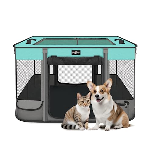 Paw Ballet Foldable Pet Kitten Playpen, Waterproof Portable Dog Cat Playpen Kennel Tent for Small Cat Dog, Retractable Shade Cover with Free Carrying Case, Indoor Outdoor Use for Small Animals. - color: Black Teal 03, style: Medium(32''×24''×21.5'')