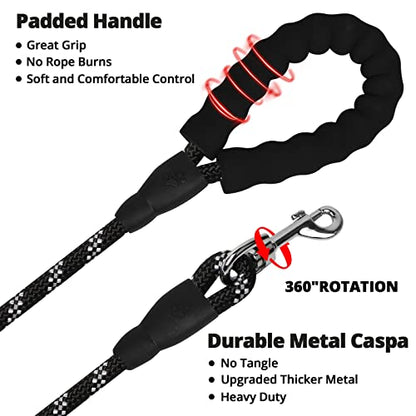 Rope Dog Leash 4 FT: Heavy Duty Leashes with Swivel Lockable Hook Reflective Threads Bungee and Padded Handle - Dog Lead for Large Small Medium Dogs Outside Walking Hiking Black - color: Black, size: 4ft*1/2''