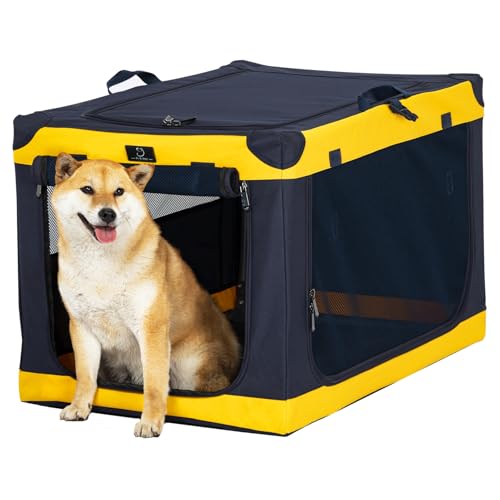 30" Collapsible Dog Crate for Medium Dogs - Portable Soft Travel Kennel with Lockable Zippers, Waterproof Base, Washable Cover, Patented Screw Frame for Adjustable Tension, Outdoor, Indoor, Car Use - color: Blue+Yellow, size: 30.0"L x 20.0"W x 19.0"H