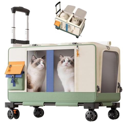 Large Cat Carrier with Wheels for 2 Cat, Double Rolling Pets Carrier on Wheel, Foldable Soft-Sided Carriers with Telescopic Handle, for Small Dogs Travel Bag for Outdoor Hiking Camping - color: Green