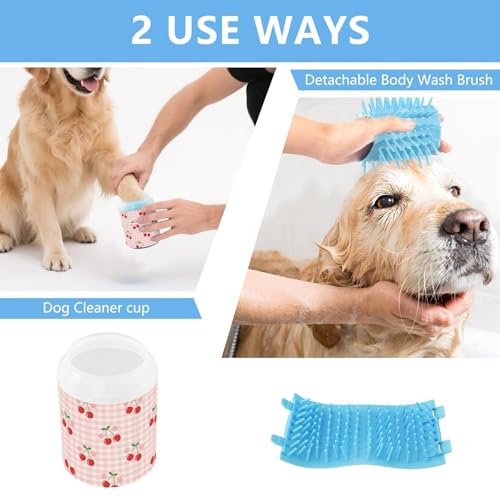 Spring Cherries Flowers Pink Print Dog Paw Cleaner Cup with Soft Silicone Brush, Small Lightweight Portable Muddy Paw Washer for Dogs, Easy to Use Pet Foot Cleaner
