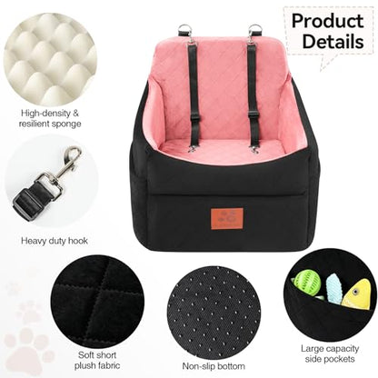 GL GLENSLAVE Dog Car Seat for Small/Medium Dogs, Dog Booster Car Seats with Thick Cushion for Dogs Under 35 lbs, Detachable Washable Pet Carseat with Storage Pockets, 2 Safety Belts(Black/Pink) - color: Black/Pink