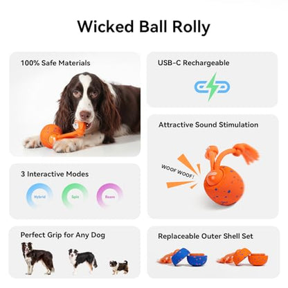 Cheerble Smart Interactive Dog Toy, Wicked Ball Rolly, Automatic Moving, Bouncing, Rotating, E-TPU Material, with Rope & Barks Sound Active Rolling Interactive Dog Ball for Medium and Large Dogs