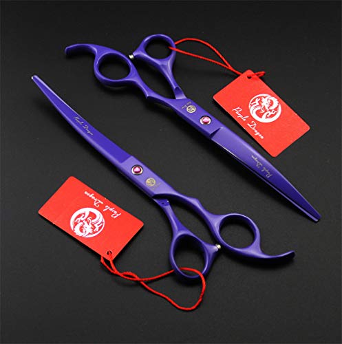 Purple Dragon Professional 7.0 inch 4PCS Pet Grooming Scissors Kit Japan Premium Steel Straight & Curved & Thinning Blade Dog Hair Cutting Shears Set with Case - color: Violet