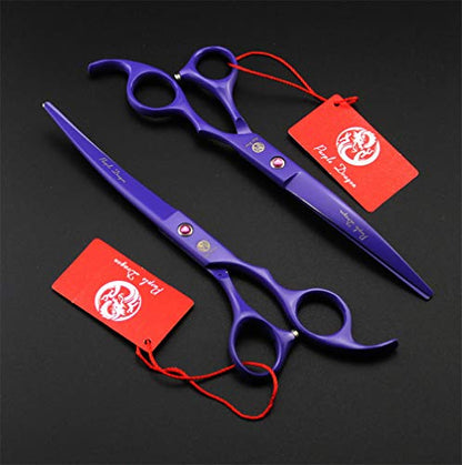 Purple Dragon Professional 7.0 inch 4PCS Pet Grooming Scissors Kit Japan Premium Steel Straight & Curved & Thinning Blade Dog Hair Cutting Shears Set with Case - color: Violet