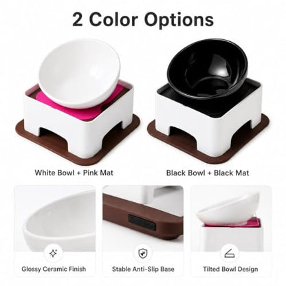 Ceramic Bulldog Bowl Dog Feeding Bowl - Dog Dish Wide Mouth Pet Sterile Tilted Pet Feeder with Anti-Skid Rubber Mat for Small Medium Dogs (White Bowl Set) - color: white bowl set