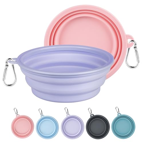 Kytely Collapsible Dog Bowls Medium, 2Pack Foldable Dog Travel Bowl, Portable Pet Water Food Bowl with Clasp, Pet Cat Feeding Cup Dish for Traveling, Walking, Hiking (Lavender & Pink) - color: Lavender & Pink, size: Medium