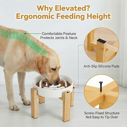 Elevated Slow Feeder Dog Bowl Large Breed, 8.8 Inch Ceramic Slow Eating Bowl with Screw-Assembled Bamboo Stand, Anti-Choking Raised Maze Design for Medium to Large Dogs, 3.2 Cup, White - color: White, size: 3.2 Cup（Screw Style）