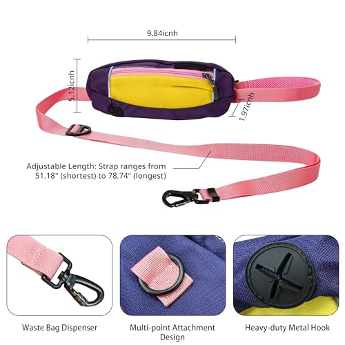 Hands Free Dog Leash with Waist Bag, Adjustable Waterproof Shock Absorption Reflective Leash with Poop Bag Dispenser Port for Medium Large Dogs Walking Running Hiking (Pink) - color: pink
