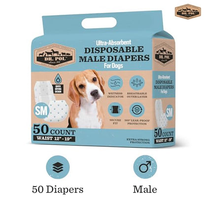 Dr Pol Dog Diapers for Male Dogs | Disposable Pet Diapers with Wetness Indicators | Adjustable Fit | Leak Protection & Super Absorbent | Perfect for Heat Cycles & Training Accidents | Pack of 50 - size: SM Waist Size 12 - 19 in