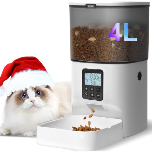 ANDOLL HOME Automatic Cat Feeder, 4L Cat Food Dispenser with 10s Voice Recorder, Pet Feeder up to 8 Meals per Day, Timed Dog Feeder with Dry Food Sealed Ring - color: White