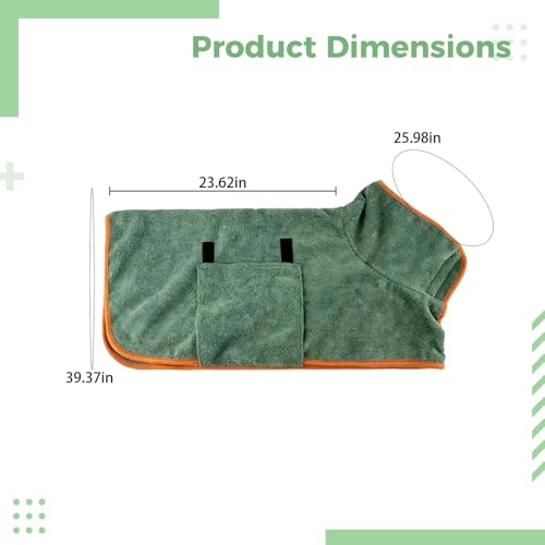 Green Dog Bathrobe Towel L, Fast Drying Coat for Dogs 27-38 Lbs, Super Absorbent Microfiber, Pet Drying Robe