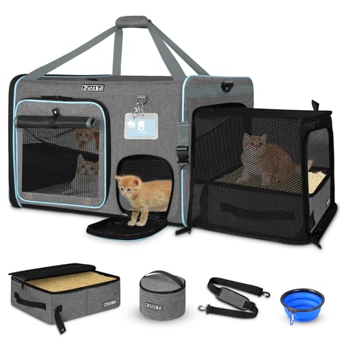 Petskd Side Expandable Extra Large Cat Car Carrier with Collapsible Litter Box for Long Distance Travel,24"x17"x17" Portable Soft Sided Pet Carrier with Roller Shades for 2 Cats Up to 55LBS(Grey) - color: grey