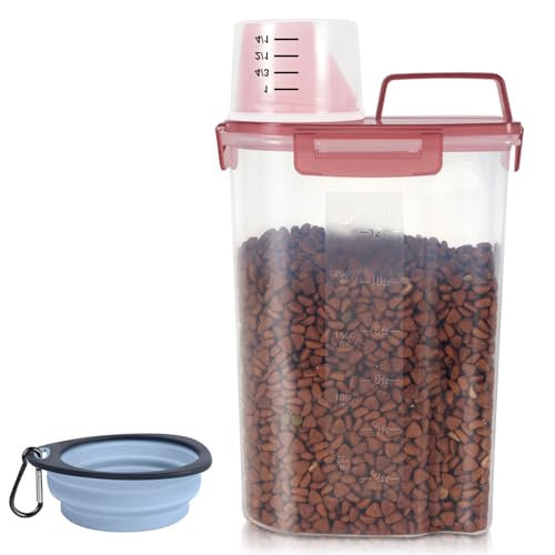 LEAWALK Airtight Small Cat Dog Pet Food Storage Containers BPA Free, with Large Pour Spout/1 Measuring Cup/ 4 Safety Locks and Double-layer Silicone Strip (Clear Pink, 3L-1pack) - color: Clear Pink, size: 3L-1pack