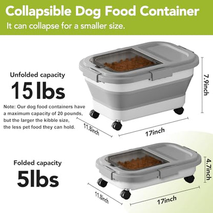 Summark 15 Lbs Dog/Cat Food Storage Container,Collapsible Food Storage Containers with Rolling Wheel Airtight Locking Lid,Pet Food Storage Container with Cup and Scoop,Grey - color: Grey