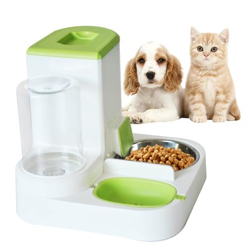 2 in 1 Automatic Cat Feeder & Water Dispenser,Gravity Pet Feeder Stainless Steel Food Water Bowl All-in-One Large Capacity Self Feeding for Cats Dogs Small Medium Pets(Green) - color: 【Green】