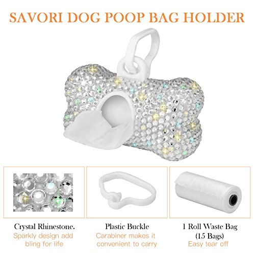 SAVORI Dog Poop Bag Holder Bling Crystal Dog Waste Bags Dispenser for Pet Dog Doggy with Carabiner Clip Includes 1 Roll 15 Bags (White) - color: White