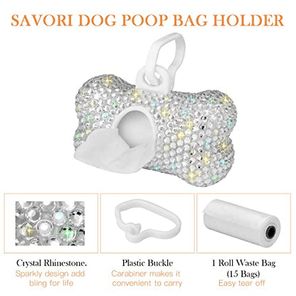 SAVORI Dog Poop Bag Holder Bling Crystal Dog Waste Bags Dispenser for Pet Dog Doggy with Carabiner Clip Includes 1 Roll 15 Bags (White) - color: White