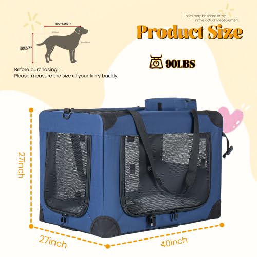 40 Inch 2-in-1 Dog Carrier with Wheels, Travel Soft Dog Crate with Detachable 360° Wheels & Retractable Handle, Collapsible Mesh Pet Kennel Bag for Road Trips & Flying, Heavy Duty Up to 90 lbs, Blue