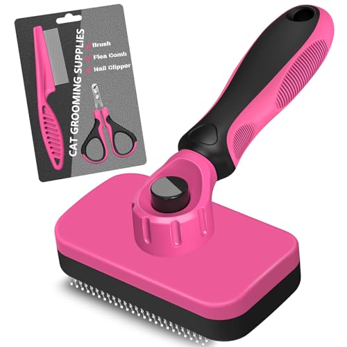 3PCS Cat Grooming Supplies, Cat Brush & Nail Clipper/Trimmer & Flea Comb for Shedding Indoor Cats Essentials Stuff Accessories (Pink) - color: Pink
