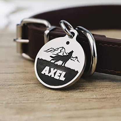 Deep Engraved Dog ID Tag Stainless Steel Personalized Customized Unique Pet ID Card Wolf Round (Large) - size: Wolf L