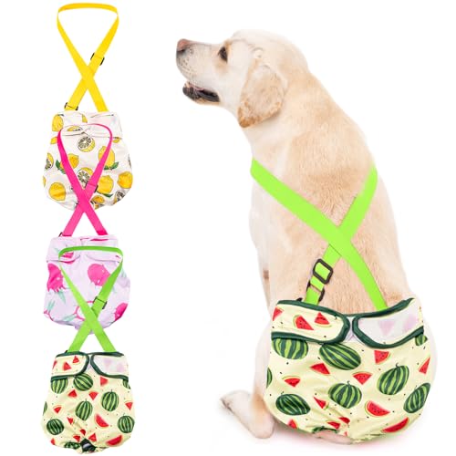 Avont 3 Pack Washable Female Dog Diaper with Suspender, Reusable Girl Doggie Diapers for Small Medium Large Doggy in Heat Cycle Period Incontinence - color: Yellow/Pink/Green…, size: S