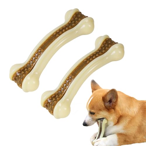 Dog Bones for Aggressive Chewers, 2 Pack Real Beef Flavor Puppy Teething Toys for Medium/Small Breed Dogs, Durable Nylon Dog Chew Toys - size: Medium+Medium