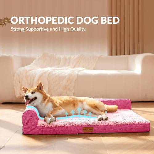 Patas Lague Orthopedic Dog Bed Large Sized Dog 36''X24'', Waterproof L Bolster Medium Pet Sofa Beds with Removable Washable Cover, Soft Pet Couch Crate Mat with Nonskid Bottom, Pink - color: Pink, size: 36"L x 24"W x 3.5"Th