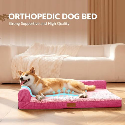 Patas Lague Orthopedic Dog Bed Large Sized Dog 36''X24'', Waterproof L Bolster Medium Pet Sofa Beds with Removable Washable Cover, Soft Pet Couch Crate Mat with Nonskid Bottom, Pink - color: Pink, size: 36"L x 24"W x 3.5"Th