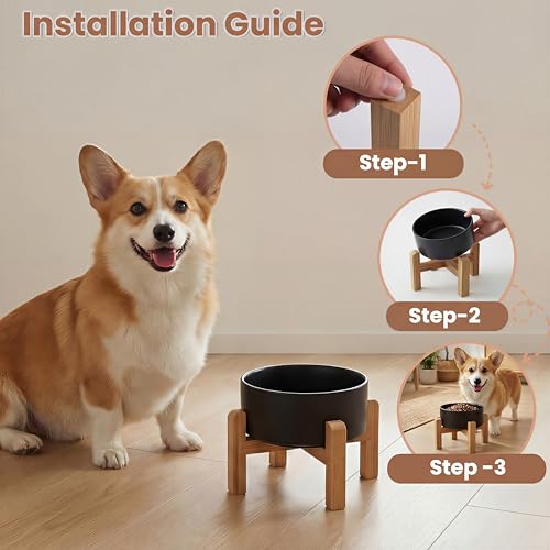 hjn Elevated Ceramic Dog Bowl with Bamboo Stand, Raised Pet Feeding Station for Small Medium Dogs Cats, Modern Design with Anti-Slip Base (Black, 3.6Cup) - color: Black, size: 3.6Cup