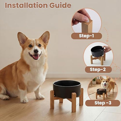 hjn Elevated Ceramic Dog Bowl with Bamboo Stand, Raised Pet Feeding Station for Small Medium Dogs Cats, Modern Design with Anti-Slip Base (Black, 3.6Cup) - color: Black, size: 3.6Cup