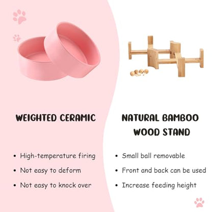 SPUNKYJUNKY 15° Slanted Ceramic Dog and Cat Bowl with Wooden Stand, Tilted Bulldog Food and Water Bowl No Slip Non-Spill for Cats Medium Dogs Big Face Pets 13.5 OZ (1.7 Cups, Pink × 2) - color: Pink, size: 1.7 CUPS × 2