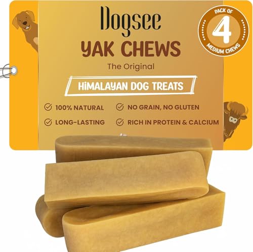 Dogsee Original Himalayan Yak Chews for Dogs (Medium - 4 Bars) .100% Natural, 60% Protein, Dog Treats for Medium Breed Dog Chews Long Lasting for Aggressive Chewers - size: Medium (Pack of 4)