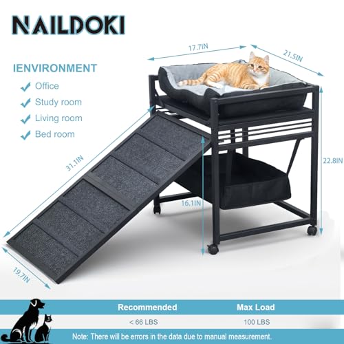Movable Structure Pet Stairs Ramp with seat Mate Cats/Dogs Chair with ramp high beds, Folding Pet Steps for Large, Medium and Small Dogs, Cat Ladder, with Storage Cabinet