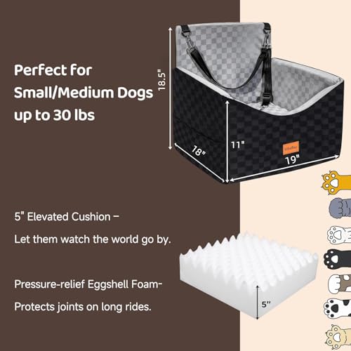 Dog Car Seats for Small Medium Dogs Up to 35lbs | Elevated Dog Booster Seat with Detachable Washable Cover & Cushion | Memory Foam Pet Car Travel Seat with Safety Belt and Storage Pockets (Black Grey) - color: Grey