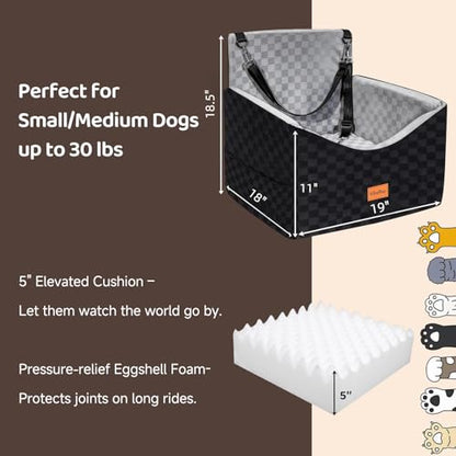 Dog Car Seats for Small Medium Dogs Up to 35lbs | Elevated Dog Booster Seat with Detachable Washable Cover & Cushion | Memory Foam Pet Car Travel Seat with Safety Belt and Storage Pockets (Black Grey) - color: Grey