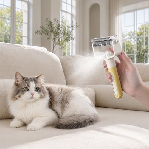 Dual-Sided Pet Grooming Comb for Dogs and Cats, Stainless Steel Dematting Undercoat Rake, 2-in-1 Deshedding Brush with Spray for Long Hair (Yellow) - color: Yellow