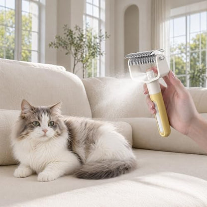 Dual-Sided Pet Grooming Comb for Dogs and Cats, Stainless Steel Dematting Undercoat Rake, 2-in-1 Deshedding Brush with Spray for Long Hair (Yellow) - color: Yellow