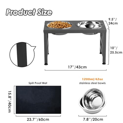 ADENGL Metal Raised Dog Bowl, 10" Height Tall Elevate Dog Feeder Stand with 2 Stainless Steel 42oz Bowls & 16x24 Non-Slip Mat – Stronger Dogs Food & Water Bowl Stand (Grey) - color: Grey - L Black Dog Mat, size: Height:10inch