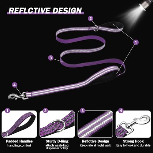 Hikiko 5FT Purple Dog Leash with Dual Handles Heavy Duty Reflective Strong Dog Leash for Walking and Training - color: Purple, size: 1 in x 5 ft
