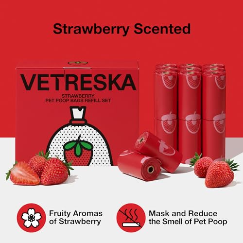 VETRESKA Strawberry Scented Dog Poop Bags, Leak Proof, Extra Thick and Large Pet Waste Bags for Dogs Walking and Cat Litter, 20 Refill Rolls, 300 Bags, Red - size: 1 Count (Pack of 300), style: Strawberry