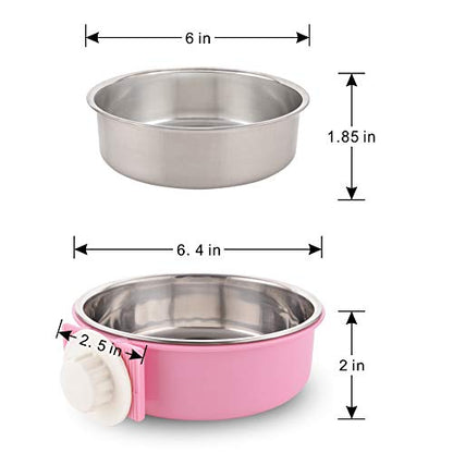 Crate Dog Bowl Removable Stainless Steel Water Food Feeder Bowls Cage Coop Cup for Cat Puppy Bird Pets (Large, Pink) - color: Pink, size: Large