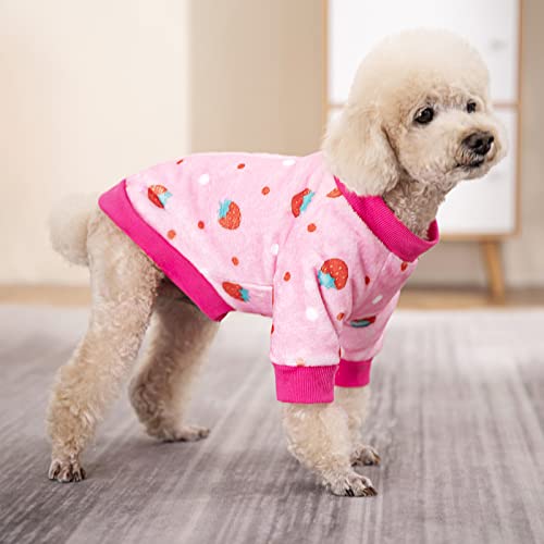 Thick Small Dog Clothes, Flannel Puppy Hoodie, Pink Strawberry Print Pet Sweatshirt, Cat Apparel (S, Pink) - color: Pink Strawberry, size: Small