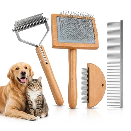 4PCS Dog Brush for Shedding, Slicker Brush for Dogs, Deshedding Dog Brush and Undercoat Rake, Pet Grooming Metal Comb Set, Grooming Supplies Kit for Long Haired Pets and Thick Fur - color: Bamboo 4pc Set