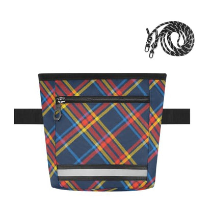 Plaid Water-Resistant Dog Treat Pouch, 3 Ways to Wear Treat Bag with Magnetic Closure & Reflective Strip, Hands-Free for Pet Training, Walking