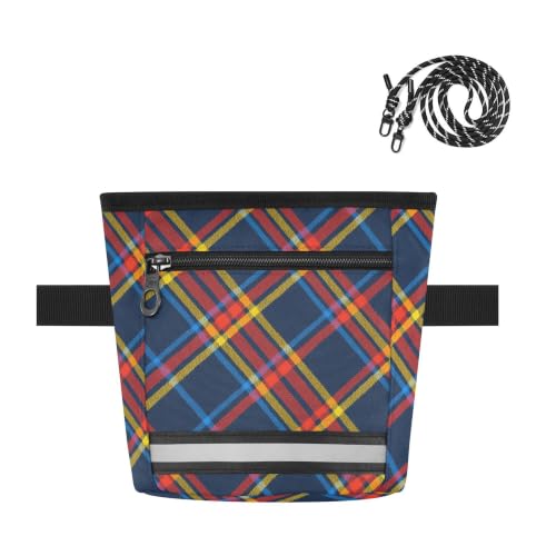 Plaid Water-Resistant Dog Treat Pouch, 3 Ways to Wear Treat Bag with Magnetic Closure & Reflective Strip, Hands-Free for Pet Training, Walking