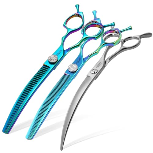 45°Curved Dog Grooming Scissors Curved Thinning Shears Curved Chunkers Dog Shears 3Pcs Combo (Turquoise) - color: Turquoise, size: 7.5 in 3PCS Set
