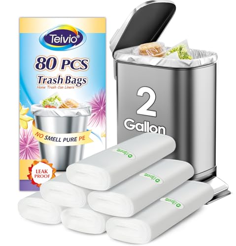 2 Gallon 80 Counts Small Clear Trash Bags Garbage Bags by Teivio, Bathroom Trash Can Bin Liners, Small Plastic Bags for home office kitchen, Clear - size: 1 Count (Pack of 80)