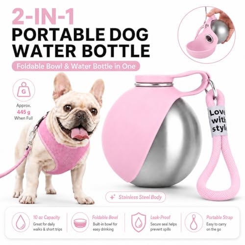 Portable Dog Water Bottle, 10 oz Stainless Steel Pet Travel Dispenser with Silicone Foldable Bowl, Leak Proof Tumbler, Dog Walking Accessories for Hiking and Small Pets (Pink) - color: Pink